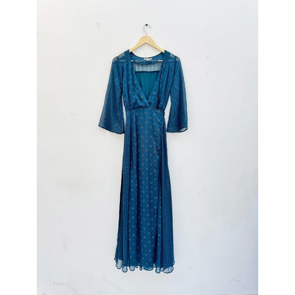 Tularosa Jainey Teal Blue Medallion Print Maxi Dress Size S Bell Sleeve